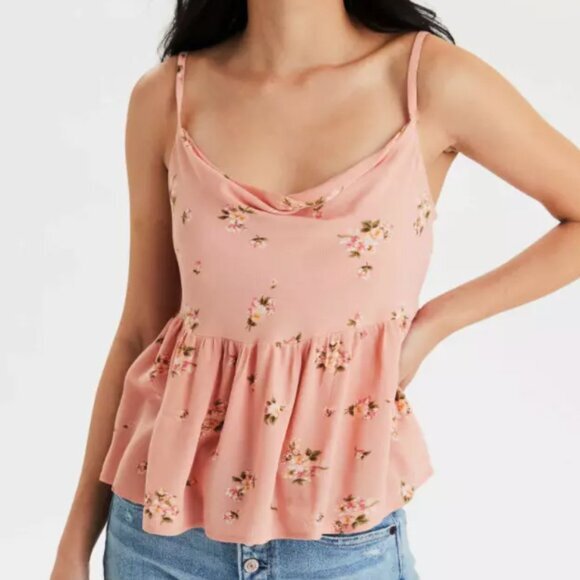 AMERICAN EAGLE Cowl Neck Babydoll Top Peach Pink / Orange Green Floral Boho Tank - Picture 1 of 16